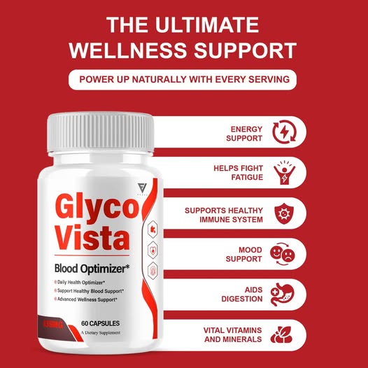 GlycoVista wellness benefits infographic showing energy support, fatigue help, immune support, mood support, digestion, and vitamins