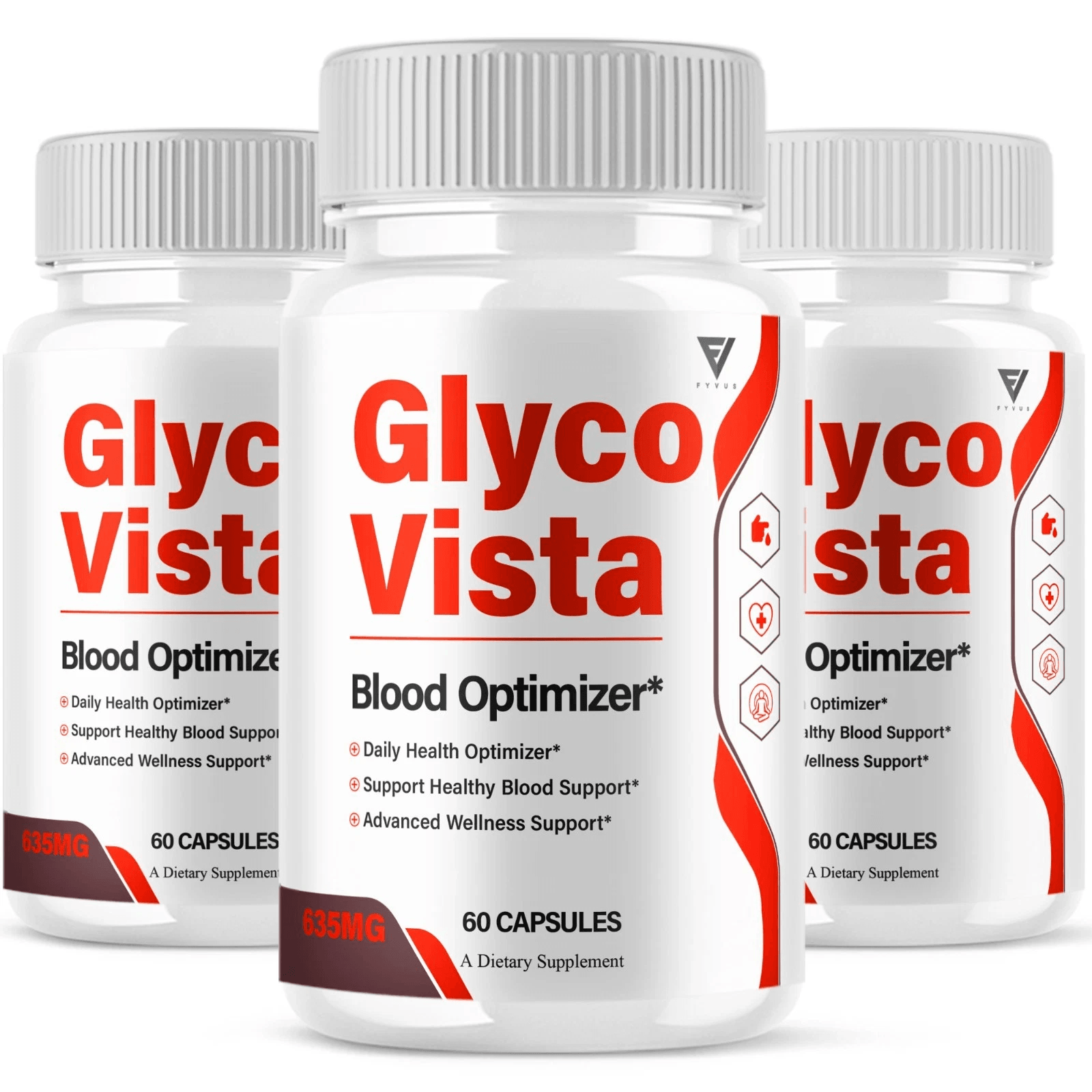 Three bottles of GlycoVista Blood Optimizer dietary supplement, 60 capsules each