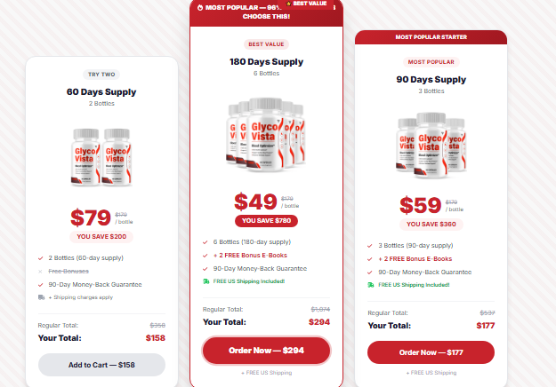 GlycoVista pricing options: 60-day 2 bottles at $79 per bottle, 180-day 6 bottles at $49 per bottle best value, and 90-day 3 bottles at $59 per bottle